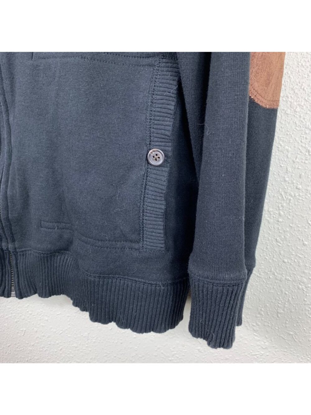 VTG Y2K Lauren Ralph Lauren Cardigan L Black Cotton Zip Leather Elbow Patch - Picture 3 of 8